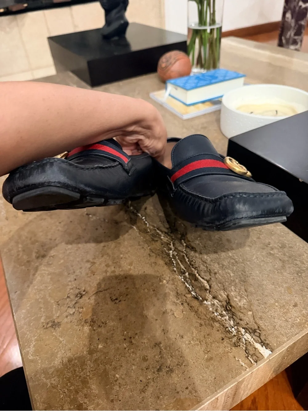 Gucci Men’s Navy Leather Loafers with Red Web Stripe
